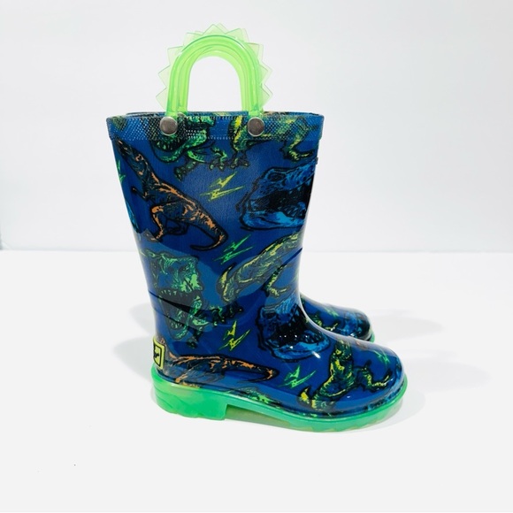 Western Chief Blue Green Dinosaur Friends Kids Toddlers Light Up Rain Boots - Picture 4 of 8